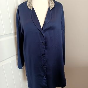 Victoria's Secret P/S Vintage lace trim satin sleep shirt gown navy blue, #S07